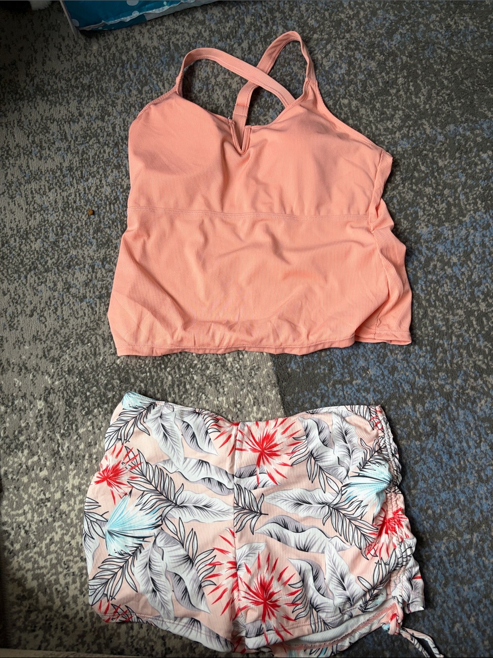Peach Tankini Top with Tropical Print Swim Shorts